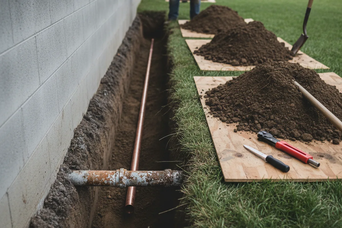 Excavated water line trench during Water Softener Installation in Baileyton